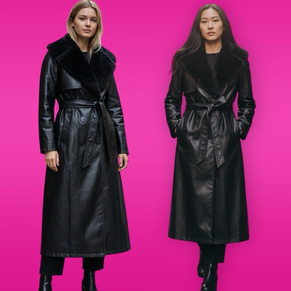 SHEIN Jackets & Blazers - Vintage style SHEIN Black Faux Leather Long Trench Coat with Shearling Collar